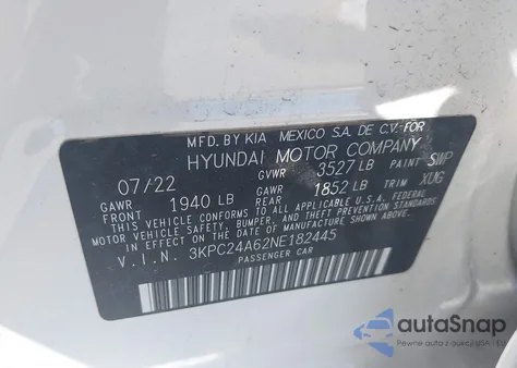 2022 Hyundai Accent Se из США, поврежденный, VIN 3KPC24A62NE182445